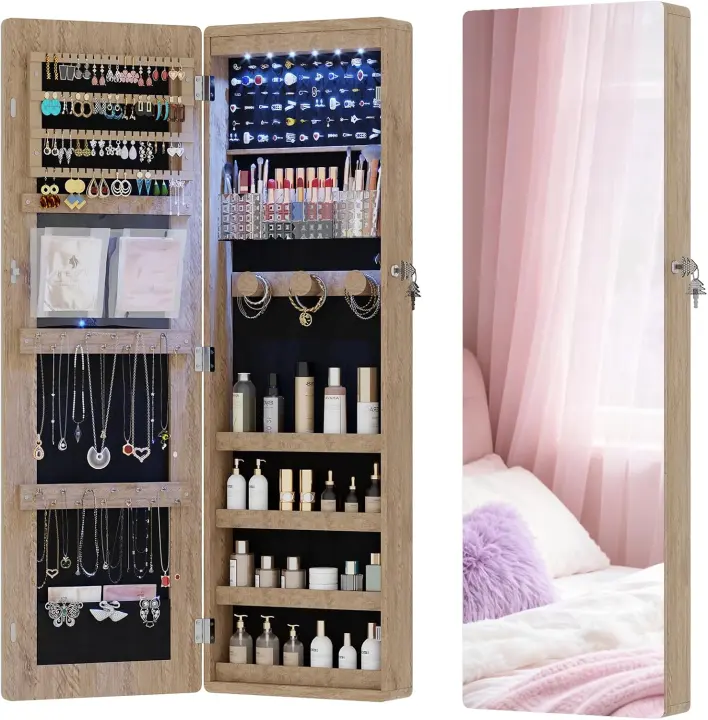 Over-the-Door LED Jewelry Cabinet with Full-Length Mirror — Brown