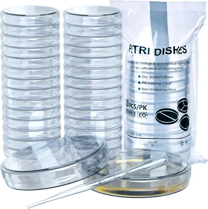Pack of 40 Sterile Plastic Petri Dishes (90×15 mm) with Lids + 20 Pipettes
