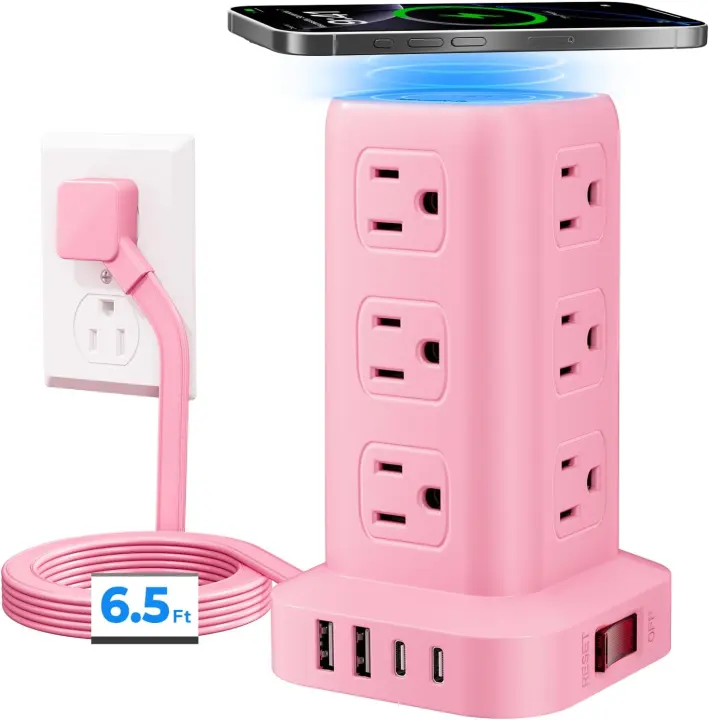 Pink Tower Power Strip — 12 Outlets + 4 USB (1 USB‑C), 6.5ft Cord