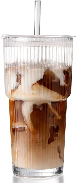 Ribbed Glass Iced Coffee Tumbler with Lid, Straw & Cleaner