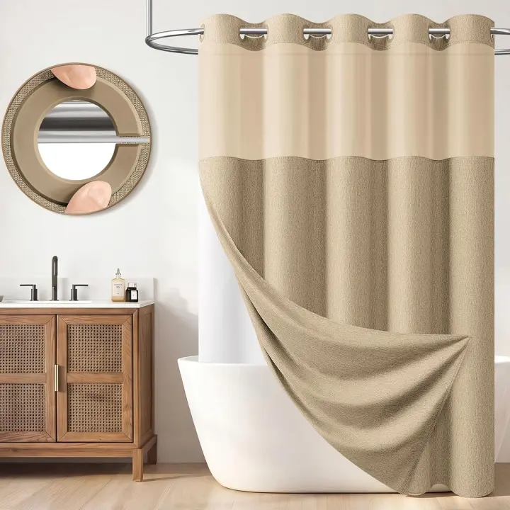 Ringless Linen-Textured Shower Curtain Set with Snap-In Liner — Tan (72×75)