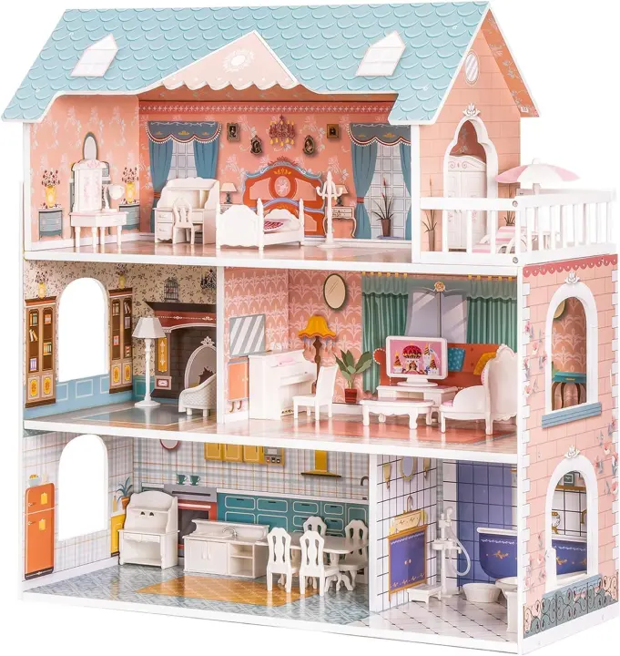 ROBUD 3-Level Wooden Dollhouse with Furniture — Blue 6-Room Play Home