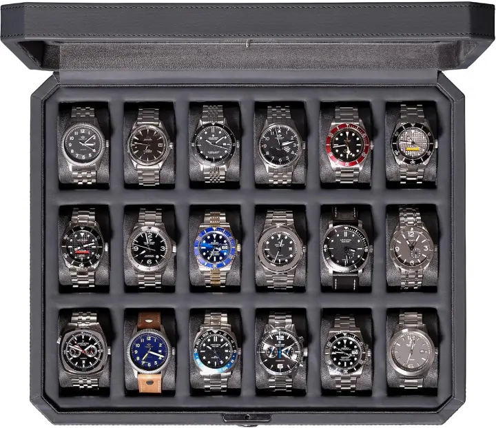 Rothwell 18-Slot Watch Box — Lockable Glass-Top Display Case