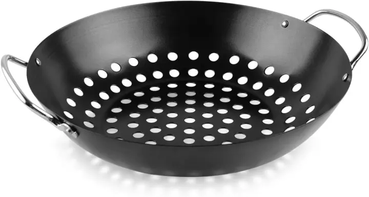 Round Grill Wok with Handle — Green Egg Veggie & Stir-Fry Accessory (M/L/XL)