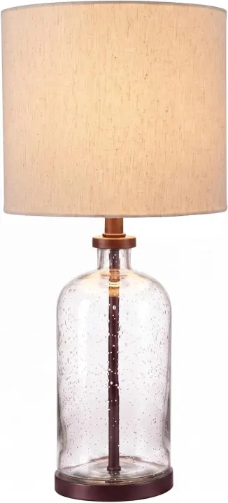 Seeded Glass Bedside Table Lamp, Bronze-tone Drum Shade