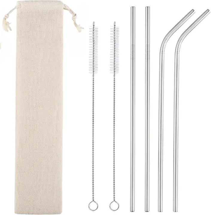 Set of 4 Reusable Stainless Steel Drinking Straws — 10.5" with Brushes & Case