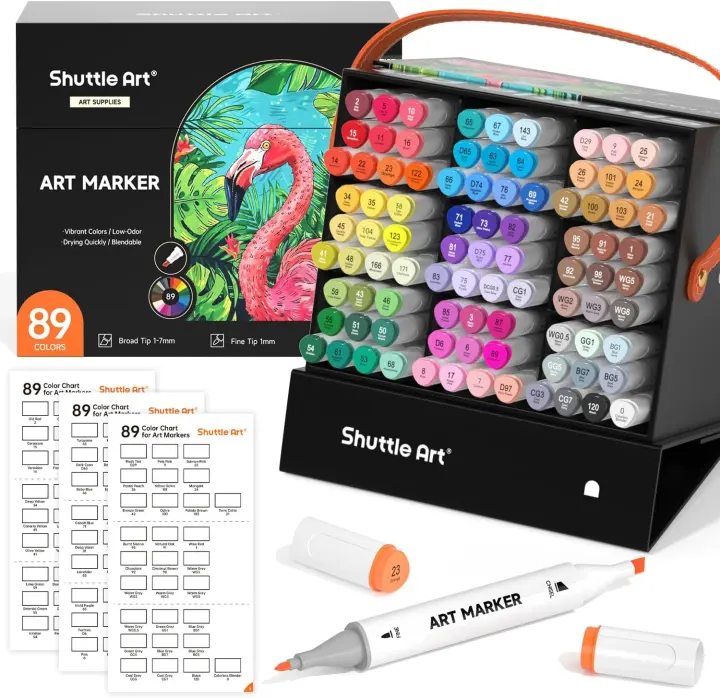 Shuttle Art 89-Color Alcohol Markers — Dual-Tip Set with Carry Case