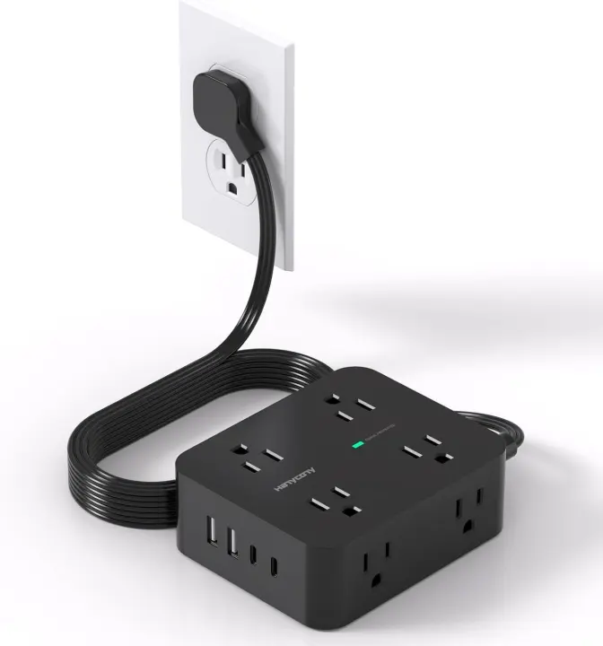 Slim Flat-Plug Power Strip Surge Protector — 8 Outlets + 4 USB, 5ft Cord