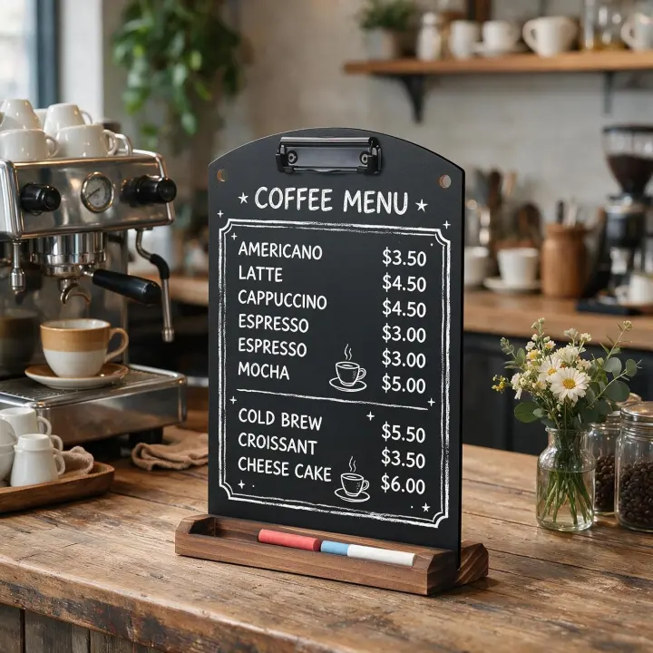 Small Double-Sided Black Chalkboard Sign with Pine Stand & Rope