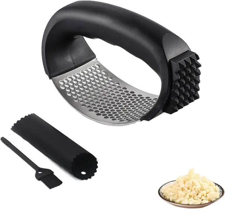 Stainless Steel Garlic Rocker Press with Peeler and Brush