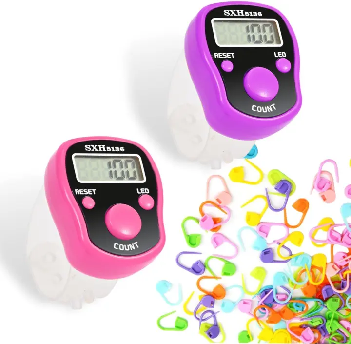 TESEAS LED Finger Stitch Counters with 50 Crochet Markers (2-Pack)