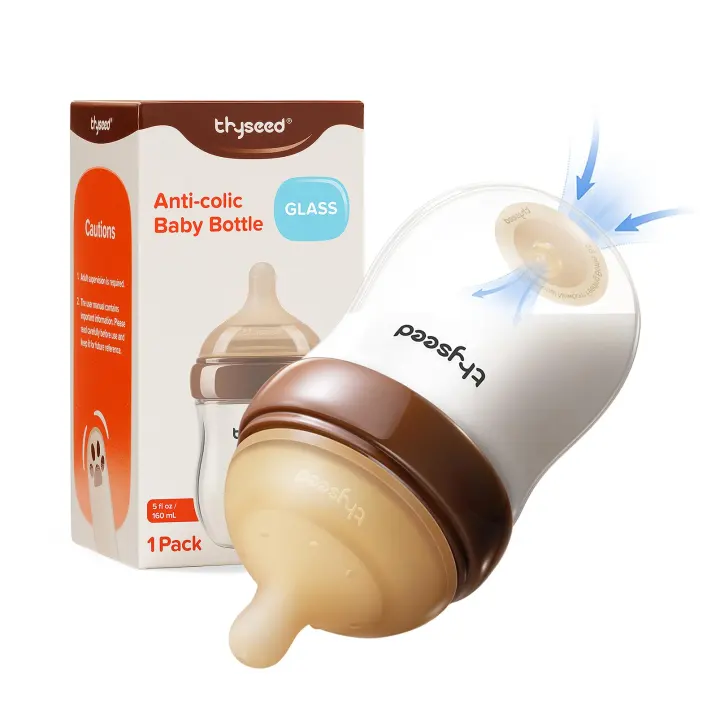 Thyseed 5 oz Glass Anti-Colic Baby Bottle — Slow-Flow Nipple (0m+)