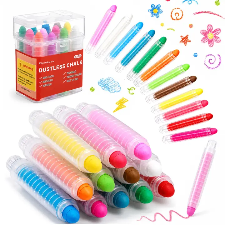 Twistable Dustless Chalk Set for Kids — 12-Color Pack with Holders