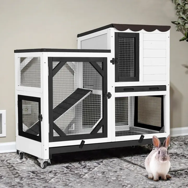 Two-Story Wooden Rabbit Hutch with Locking Leak-Proof Trays