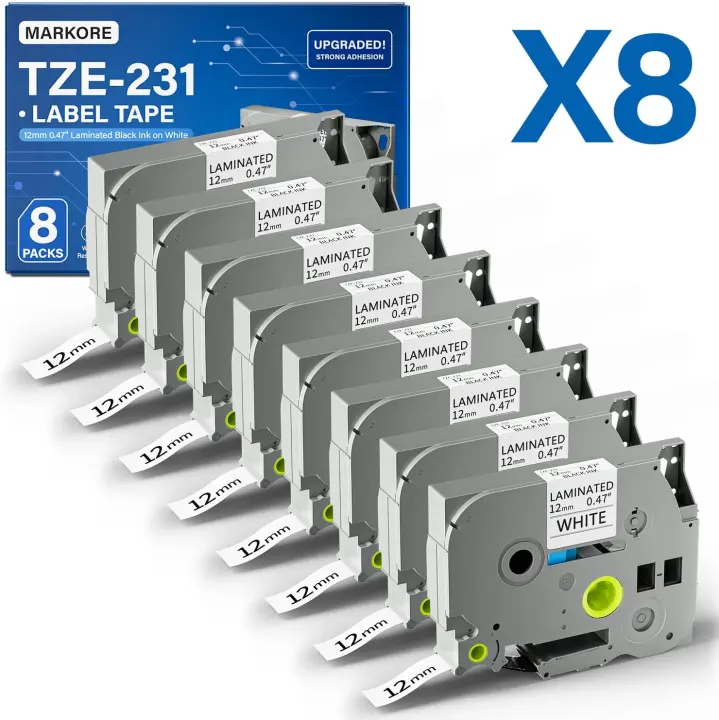 TZe-231 12mm Laminated Label Maker Tape — 8-Pack Black on White