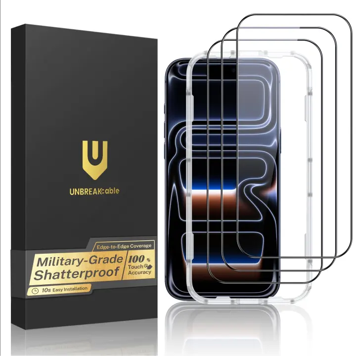 UNBREAKcable Tempered Glass 3-Pack for iPhone 17 Pro — Full-Coverage Screen Protectors