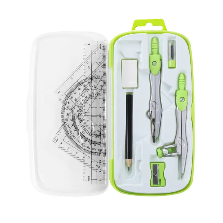 Unjoo 10-Piece Student Geometry Set with Metal Compasses (Green)