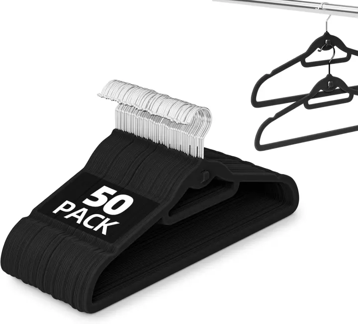 Velvet Cascading Hangers — 50-Pack Space-Saving, Black