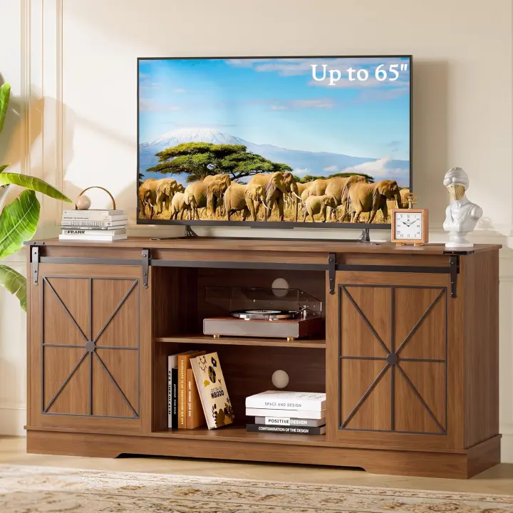 Walnut Farmhouse TV Stand with Sliding Barn Doors — 65-inch Media Console
