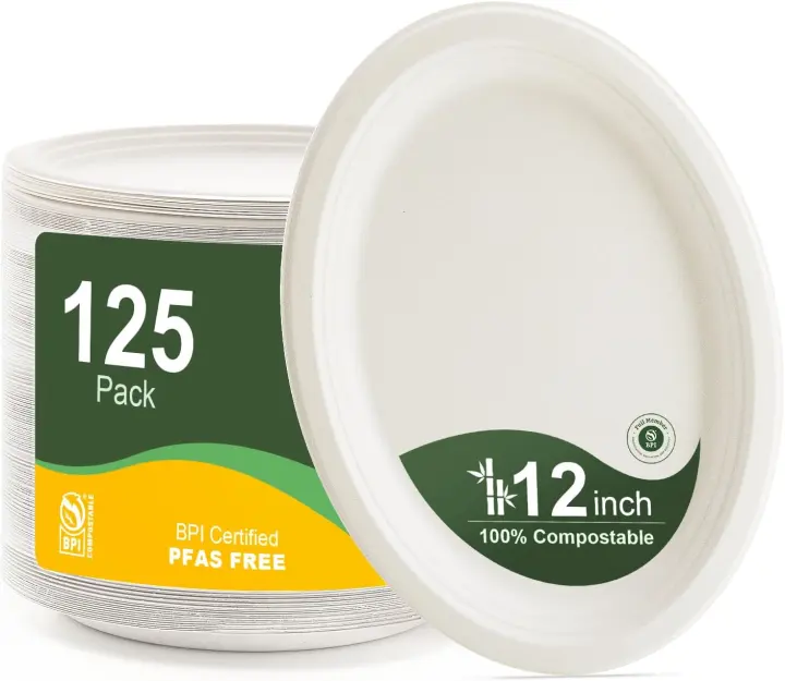 WELLIFE 12-Inch Compostable Paper Plates — 125 Heavy-Duty Pack