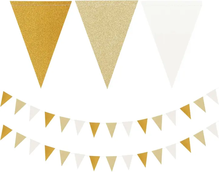 White-Gold Champagne Paper Triangle Pennant Banner — 2 Pack