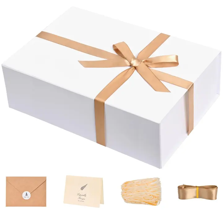 White Magnetic-Lid Gift Box Kit 13.85×8.35×4.45 in with Ribbon & Filler