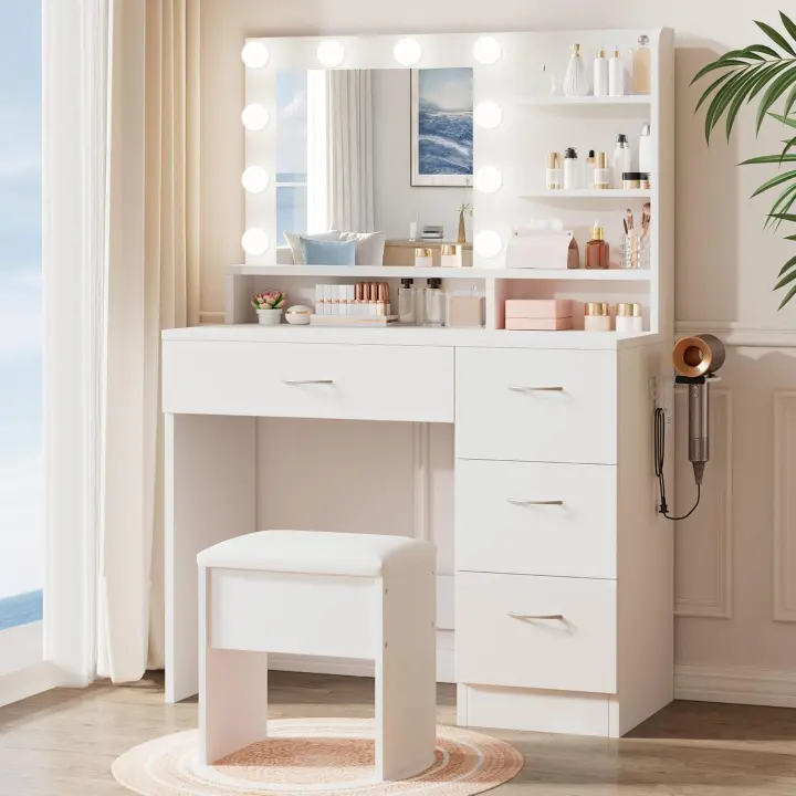 White Makeup Vanity Desk with HD LED Mirror, Charging Station & Stool
