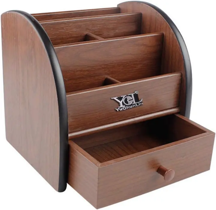 Wooden Desktop Remote & Makeup Organizer with Drawer