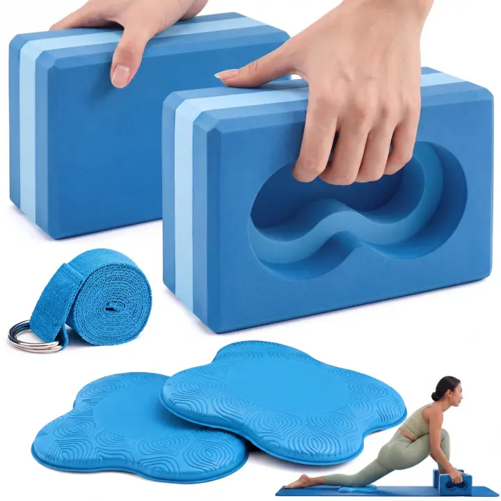 Wrist-Grip Yoga Block Kit with Knee Pads and Stretch Strap