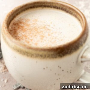 A mug full of warm vanilla milk and topped with a sprinkle of cinnamon, visually appealing for a recipe card.