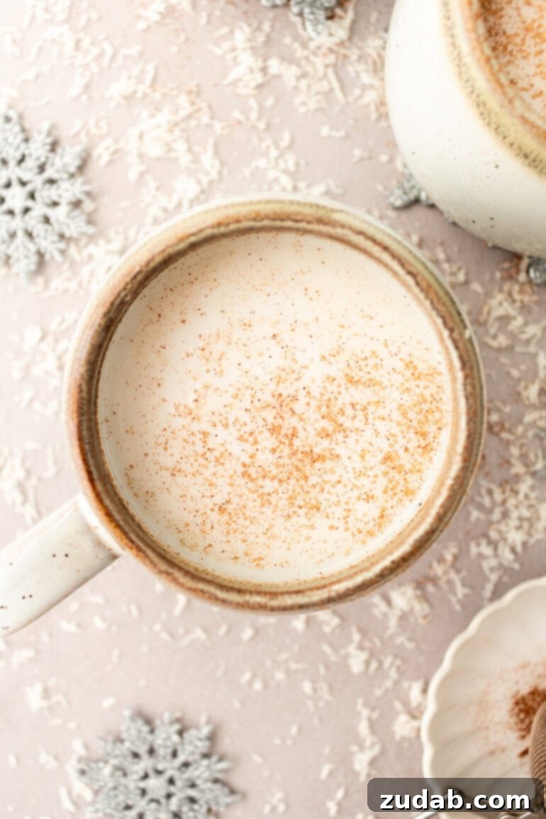An overhead view of a vanilla steamer in a mug, adorned with a sprinkle of cinnamon, epitomizing cozy comfort.