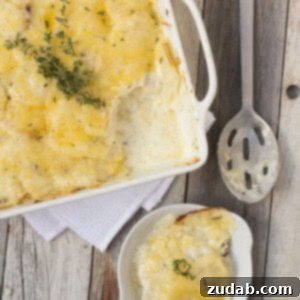 The Best Scalloped Potatoes Recipe A close-up of the finished Scalloped Potatoes, golden brown and bubbling.