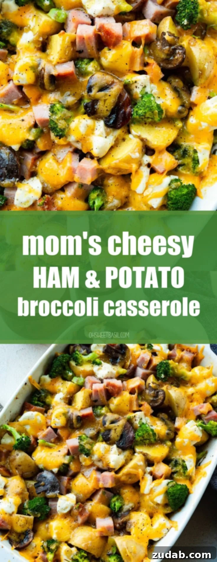 Classic Cheesy Ham, Potato & Broccoli Bake 14 A delicious cheesy ham casserole in a rustic baking pan, with steam gently rising