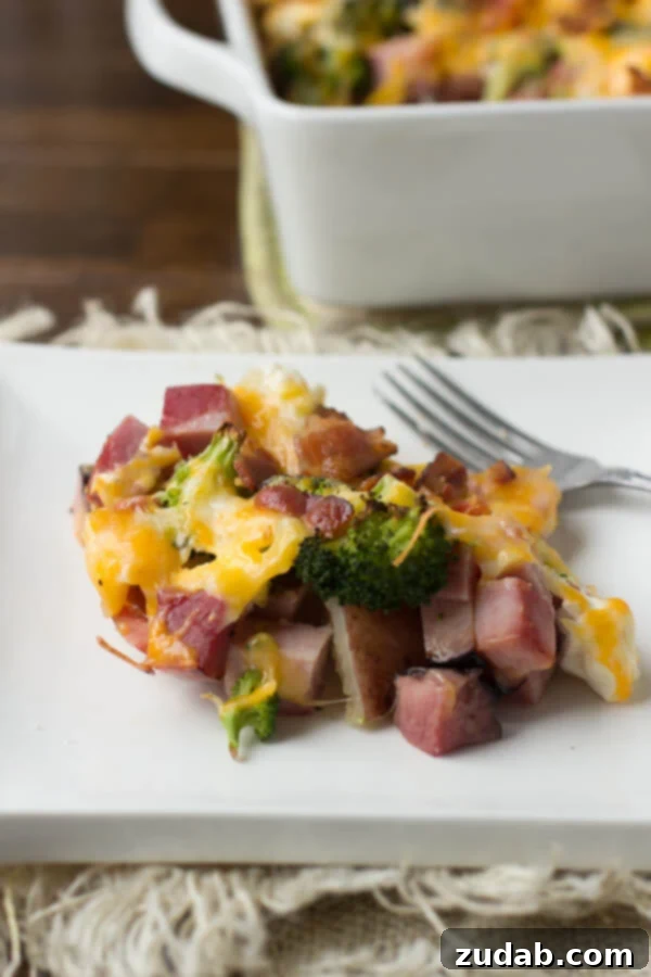 Hearty and Easy Ham Casserole Serving A large serving of the Cheesy Potato Ham Casserole, perfectly baked with a golden cheese topping, ready to be enjoyed.