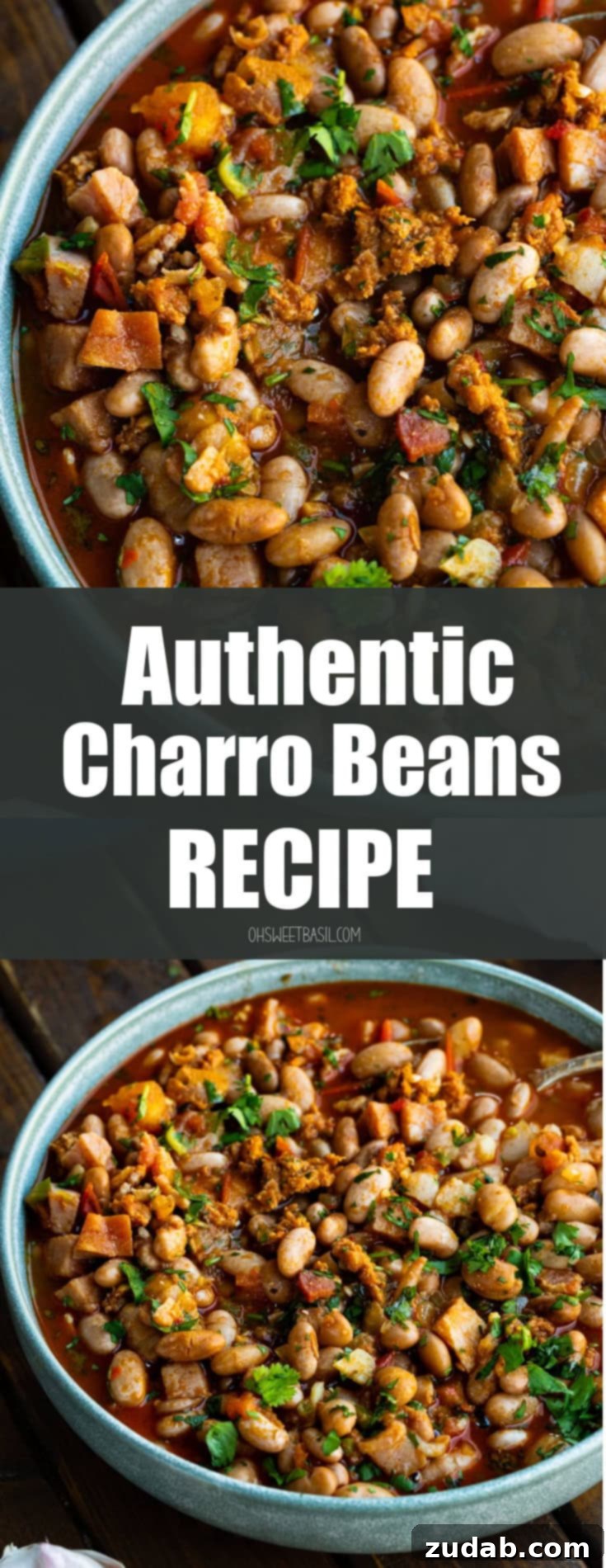 Classic Charro Beans Recipe 14 A bowl of charro beans sitting on a wooden table with with some roma tomatoes and a bulb of garlic sitting next to it