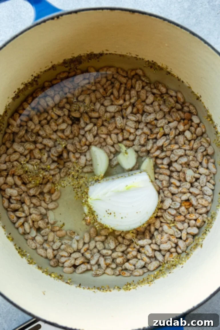 Classic Charro Beans Recipe 6 A large Dutch oven filled with pinto beans, half an onion, and garlic cloves, simmering gently to cook the beans, steam rising from the pot.