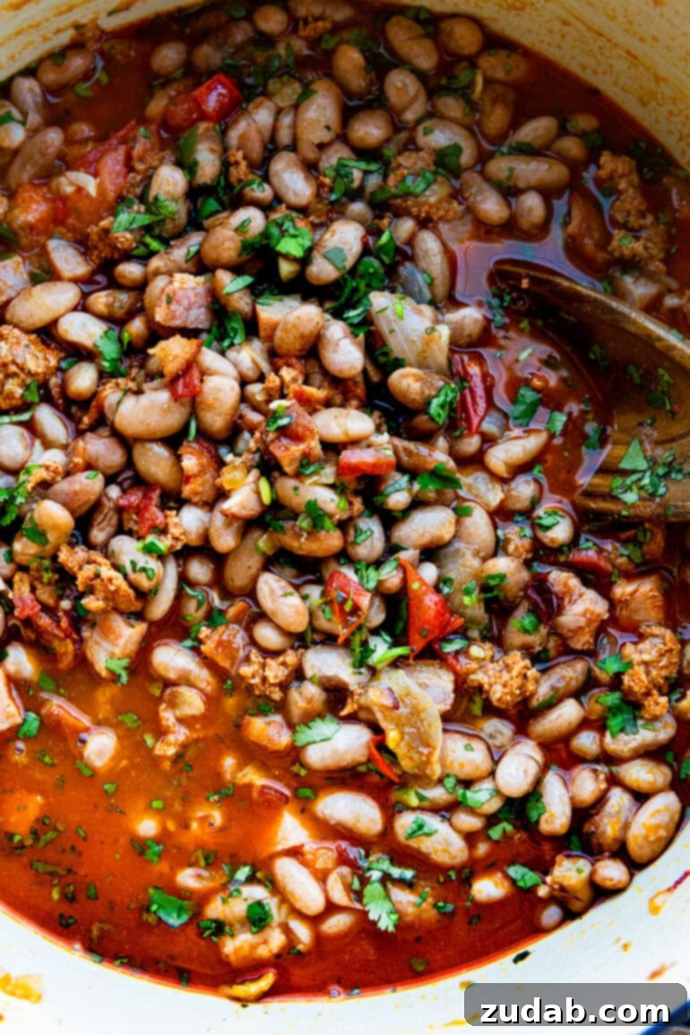 Classic Charro Beans Recipe 10 A visual guide showing various stages of preparing charro beans, from sautéing the meats and aromatics to the final simmer, illustrating the step-by-step process of the recipe.