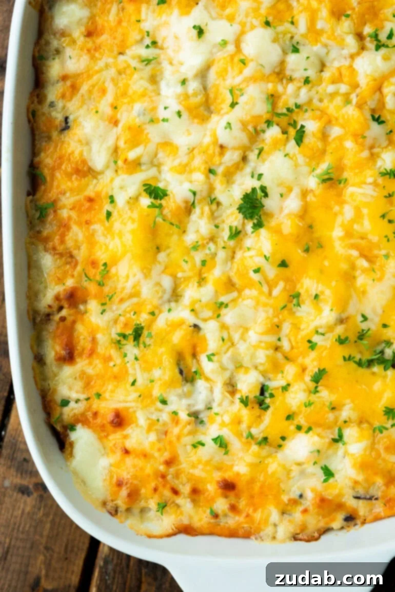 Creamy Dream Chicken & Rice Bake 3 A vibrant photo of cheesy chicken and rice casserole with melted cheese and fresh green parsley on top, served in a white baking dish.