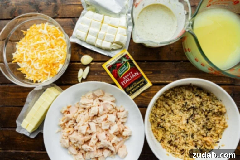 Creamy Dream Chicken & Rice Bake 4 A photo showcasing all the ingredients laid out for making a delicious Angel Chicken and Rice Casserole, including chicken, rice, cheese, and various sauces.