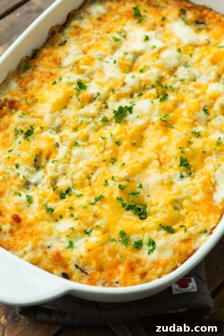 Creamy Dream Chicken & Rice Bake 8 A beautifully baked chicken and rice casserole in a white dish, garnished with fresh parsley, ready to be served for a cozy family dinner.