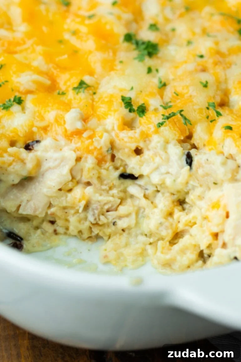 Creamy Dream Chicken & Rice Bake 9 A cozy image of a chicken and rice casserole in a casserole dish, with a few scoops already removed, highlighting its creamy texture.