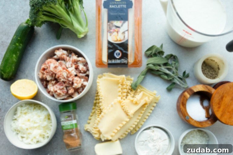 Creamy Vegetable Lasagna with Crispy Pancetta 4 A beautifully arranged flat-lay photo displaying all the fresh ingredients needed for pancetta vegetable lasagna with white sauce, including fresh sage, pancetta, raclette cheese, seasonings, and lasagna noodles.