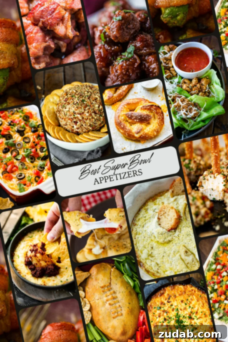 A vibrant collage of various Super Bowl appetizers, showcasing dips, finger foods, and savory bites, perfect for a game-day feast.