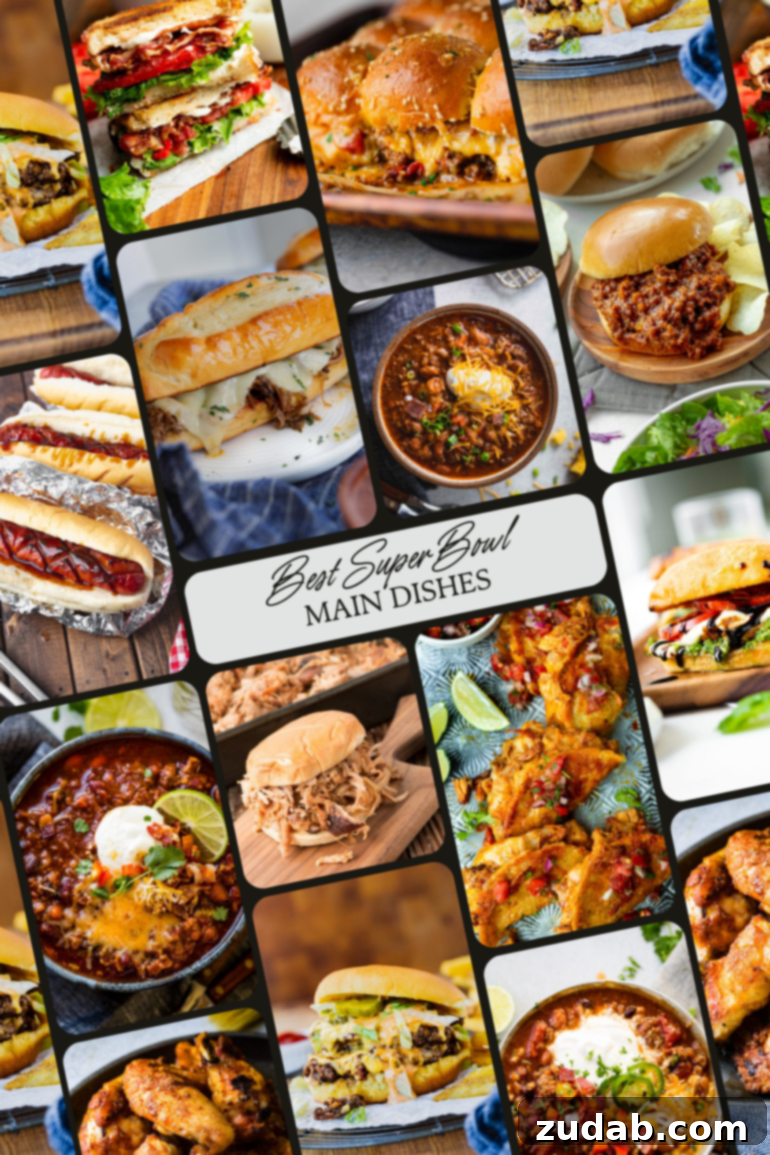 A captivating collage showcasing a variety of robust main dishes perfect for a Super Bowl party, including chili, sandwiches, and sliders, promising a satisfying feast.