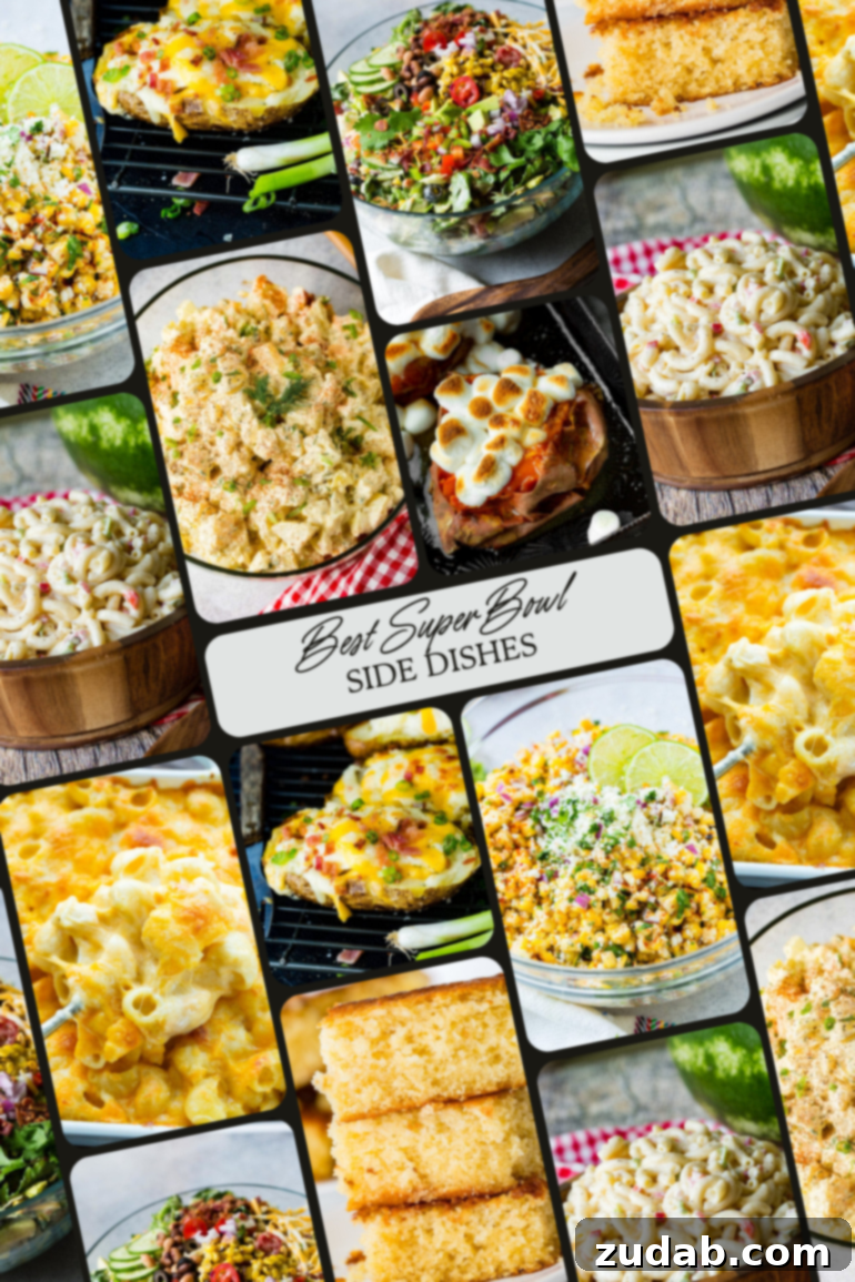 A inviting photo collage featuring a variety of delectable Super Bowl side dishes, including fresh salads, comforting potato dishes, and flavorful corn, perfect for enhancing any game-day meal.