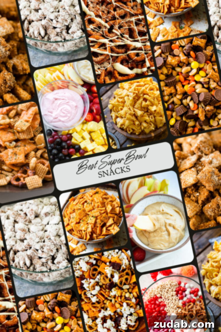 A dynamic photo collage showcasing an exciting assortment of game-day snacks perfect for the Super Bowl, featuring sweet, salty, and savory options to please every palate.