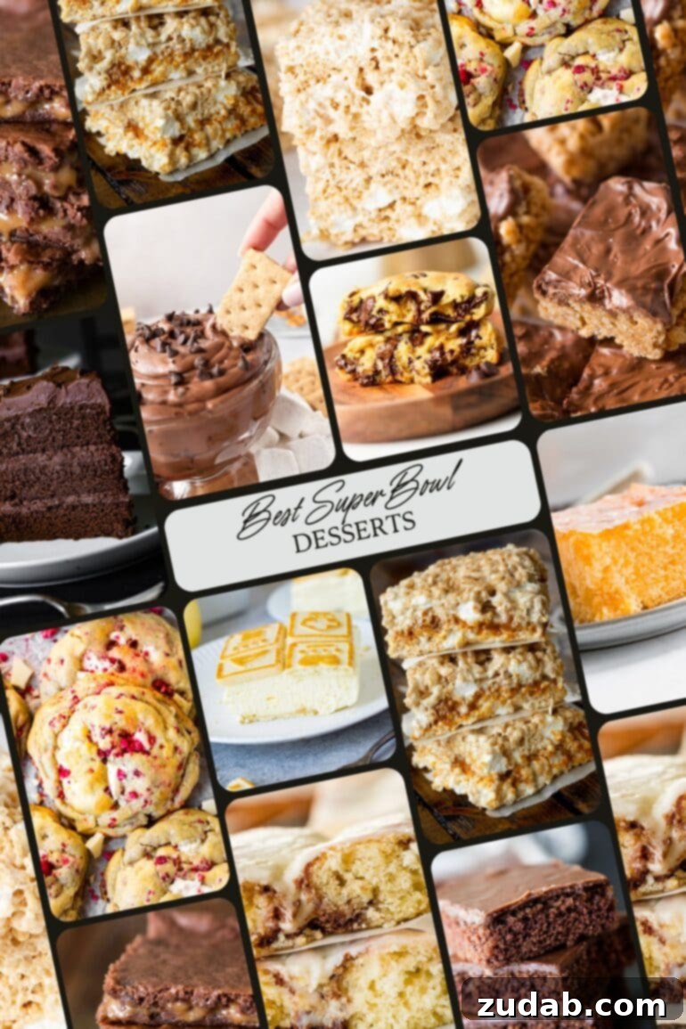 A delightful photo collage showcasing a tempting array of dessert recipes ideal for the Super Bowl, featuring cakes, cookies, and various sweet treats to satisfy every craving.