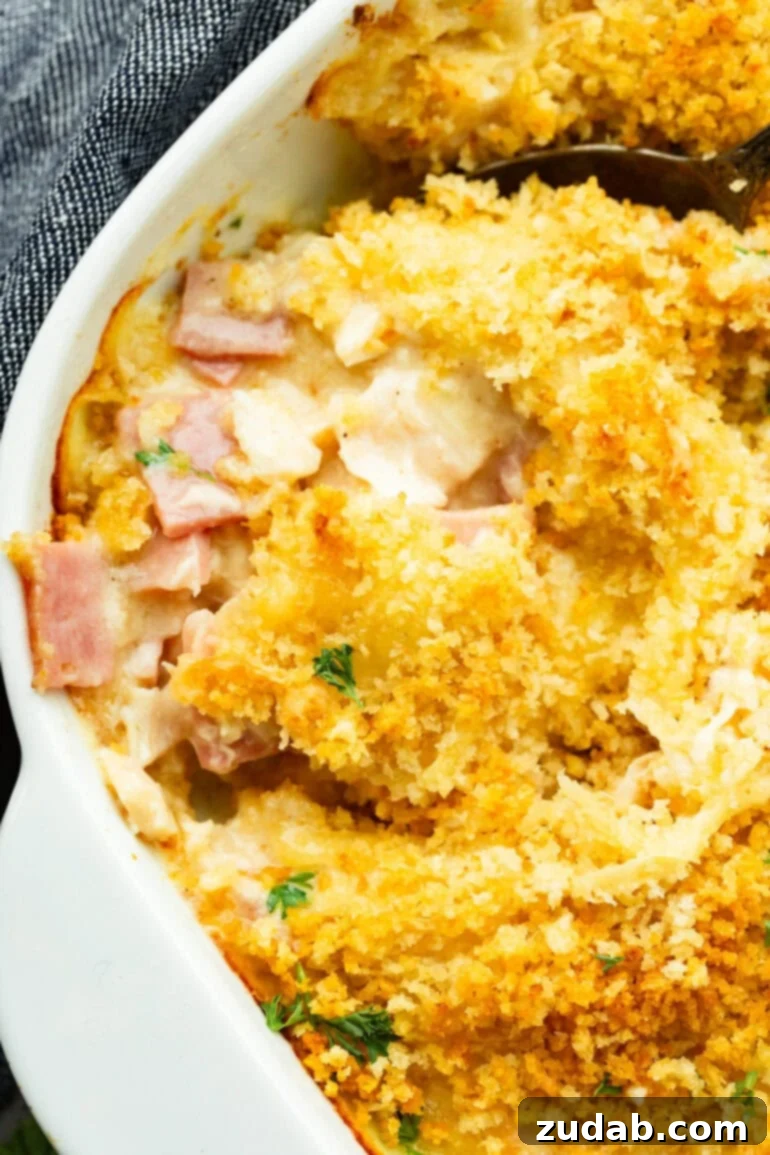 Creamy Chicken Cordon Bleu Casserole 2 A photo of a creamy Chicken Cordon Bleu Casserole, freshly baked and golden brown