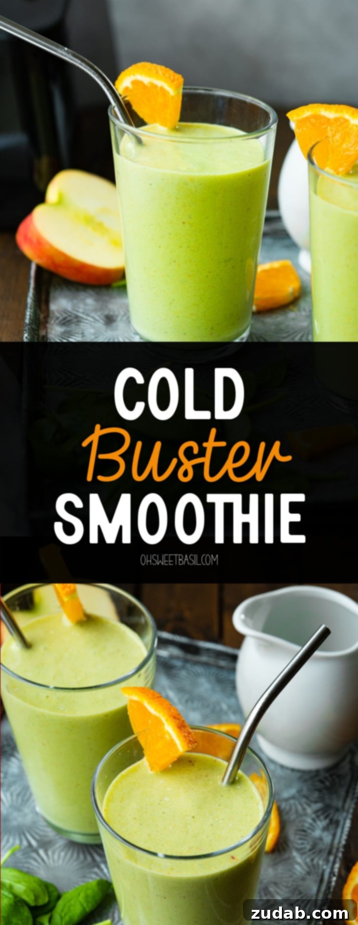 The Ultimate Cold-Busting Green Smoothie 15 An overhead shot of two glasses of bright green smoothie, artfully arranged on a surface surrounded by fresh spinach leaves, orange wedges, and a sliced apple, highlighting the smoothie's vibrant color and natural ingredients.