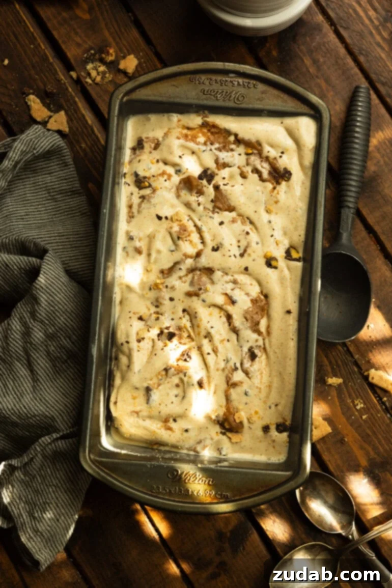 Crafting Homemade Graham Central Station Ice Cream 9 a photo of a bread loaf pan full of creamy graham cracker ice cream with an ice cream scoop next to it